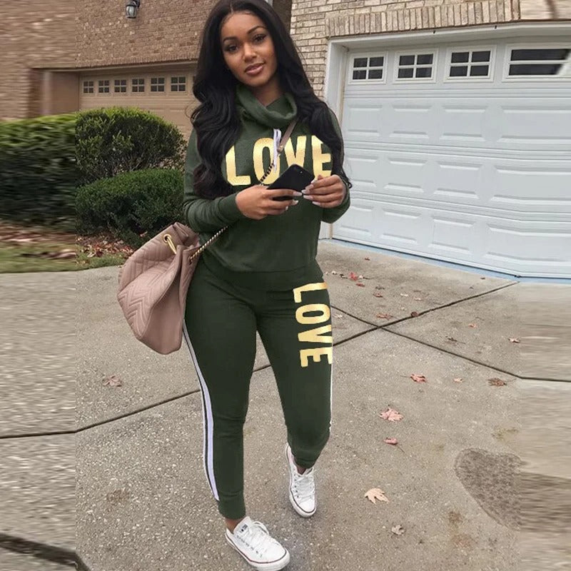 2-piece set of women's clothing printed with the word LOVE high-neck hoodie sports pants